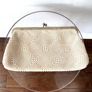 60s vintage cream pearly corde beaded bridal kiss lock evening pouch clutch bag